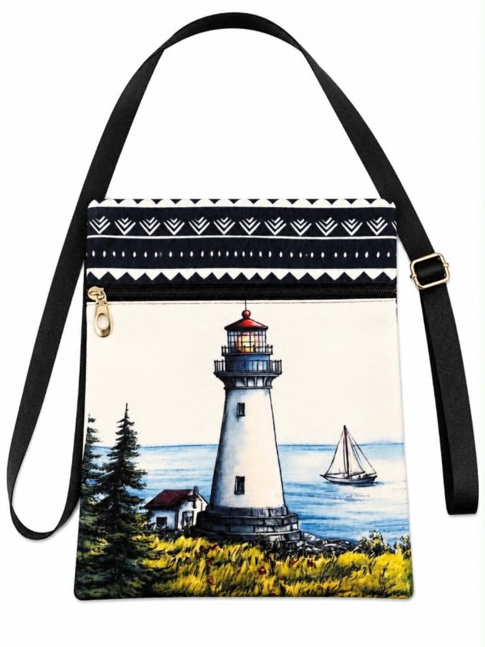 Coastal Lighthouse Crossbody Bag with Adjustable Black Strap